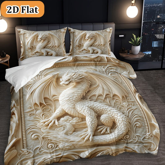 Dragon Print Duvet Cover Set 3-Piece – Boho Dragon Totem Bedding, Soft Polyester Comforter Cover with 2 Pillowcases, Twin Full Queen King, Dorm Room Decor