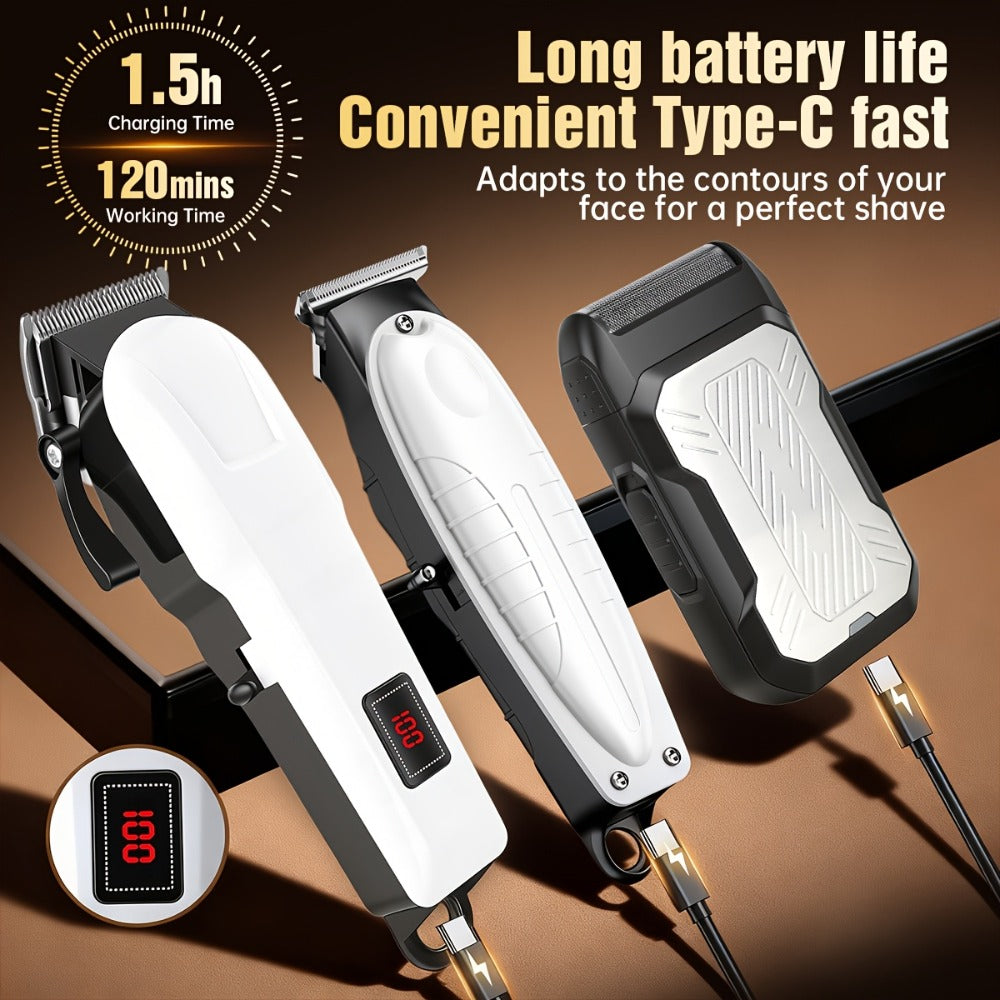 Hair Clippers & Trimmers White Grooming Set with LCD Screens, USB-C Charging and One, Two or Three Pieces