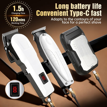Hair Clippers & Trimmers White Grooming Set with LCD Screens, USB-C Charging and One, Two or Three Pieces