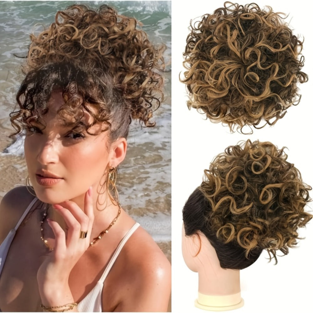 Drawstring Curly Bun Hairpiece Clip In Loose Messy Updo Hair Extension 10 Inch – Thick Voluminous Fake Bun Ponytail Wrap for Women Brown Dark Blonde All Hair Types No Heat