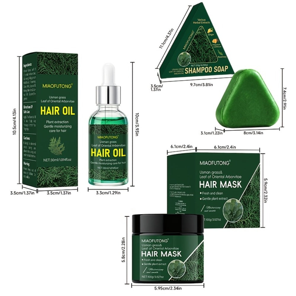 Three-Piece Usman Grass Hair Care Kit with 120g Triangular Shampoo Bar, Oil and Mask Formats