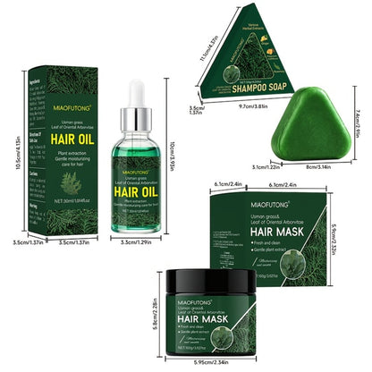 Three-Piece Usman Grass Hair Care Kit with 120g Triangular Shampoo Bar, Oil and Mask Formats