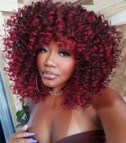 Afro Kinky Curly Wig for Black Women Short Synthetic Hair with Bangs 180% High Density Natural Fluffy Curls Stretch Cap Daily Wear Party Cosplay Fits All Head Sizes
