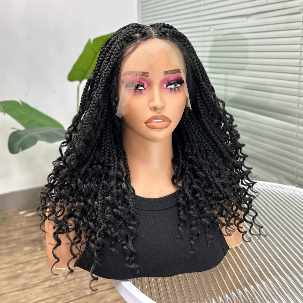 Goddess Braided Wig Knotless Bohemian Square Braid Full Lace Curly Wave 14-16 Inch Black Burgundy Brown Natural Hairline Protective Style Synthetic Wig for Women