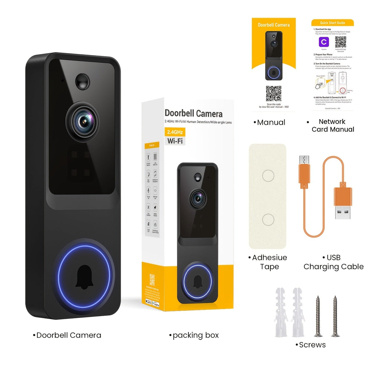 166° Ultra Wide Angle Smart Doorbell Camera 2K HD Wireless WiFi, AI Human Detection, Two-Way Audio