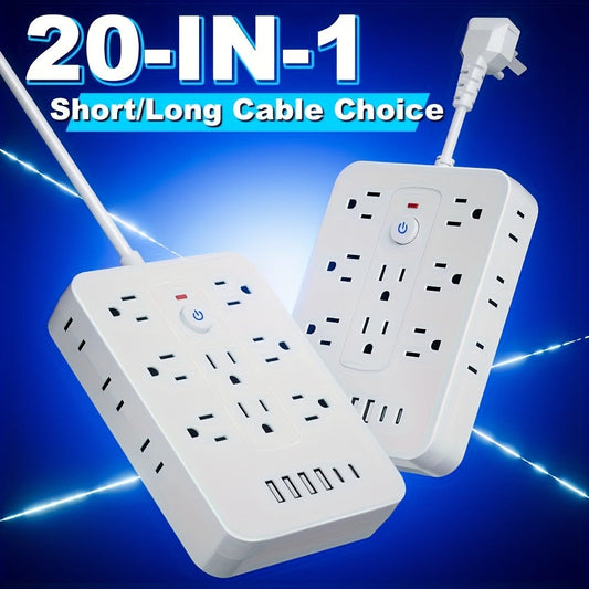 Compact Flat Plug Power Strip 20-in-1, 14 AC Outlets & 6 USB Ports (4 USB-A + 2 USB-C), Lightning Surge Protection, Space-Saving Extension Cord for Home Travel Office Kitchen – Overload Protection