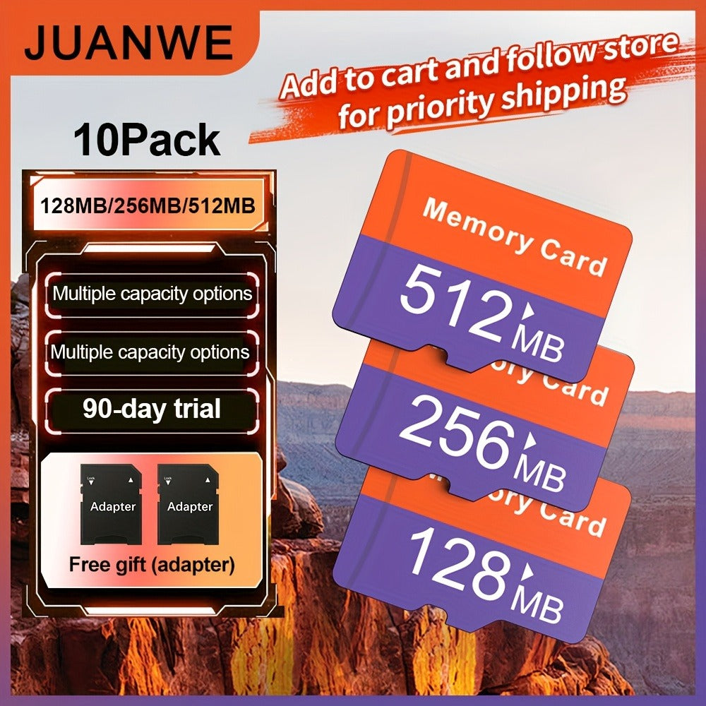 Micro SD Card 10 Pack UHS-I with SD Adapter, JUANWE Class 4 TF Memory Cards 128MB 256MB 512MB Bulk Set for Dash Cam, Drone, Action Camera, Smartphone, Tablet, Game Console & Laptop – Reliable Flash Storage