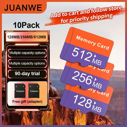 Micro SD Card 10 Pack UHS-I with SD Adapter, JUANWE Class 4 TF Memory Cards 128MB 256MB 512MB Bulk Set for Dash Cam, Drone, Action Camera, Smartphone, Tablet, Game Console & Laptop – Reliable Flash Storage