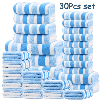 Thirty-Piece Striped Bath Towel Set with Bath, Hand and Washcloth Sizes in Ten Color Checkouts