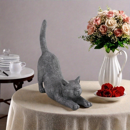 Yoga Cat Statue Hand-Painted Stretching Cat Figurine Grey Resin Decorative Sculpture for Home Office Garden Indoor Outdoor Decor Cat Lover Gift High-Quality Finish Stylish Ornament
