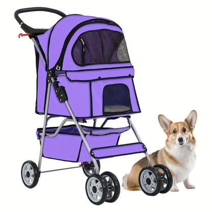 Four-Wheel Pet Stroller with Box Cabin, Wraparound Handle, Cup Tray, Lower Basket and Five Colors