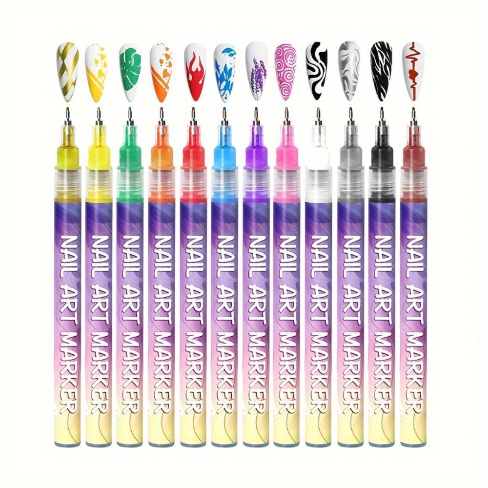 Nail Art Pens Set 12 Colors Quick Dry 3D Doodle Dot Stitching Nail Art Pen Kit - DIY Nail Design Tools for Home & Salon Use, Beginner & Professional Manicure Gift Set
