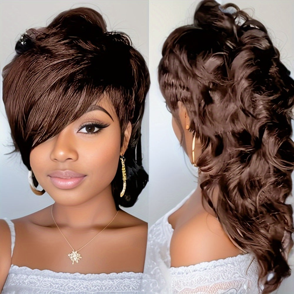 Pixie Cut Mullet Wig with Bangs Curly Wave Synthetic Hair 150% Density Rose Net Cap – Heat Resistant Short Layered Wig for Women Daily Wear Cosplay Fashion Black Burgundy 14 Inch