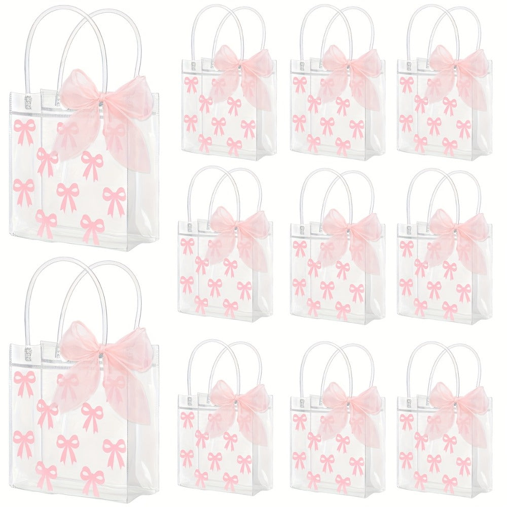 Gift Bag Set Clear PVC, 24 Transparent Tote Bags with Pink Bow Handles and One 32.8-Foot Ribbon Roll