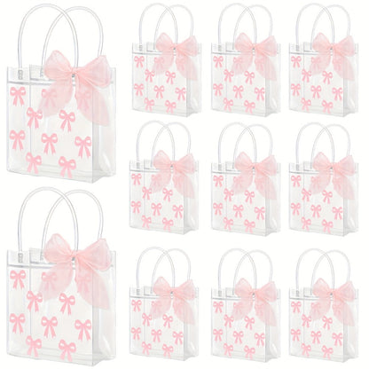 Gift Bag Set Clear PVC, 24 Transparent Tote Bags with Pink Bow Handles and One 32.8-Foot Ribbon Roll