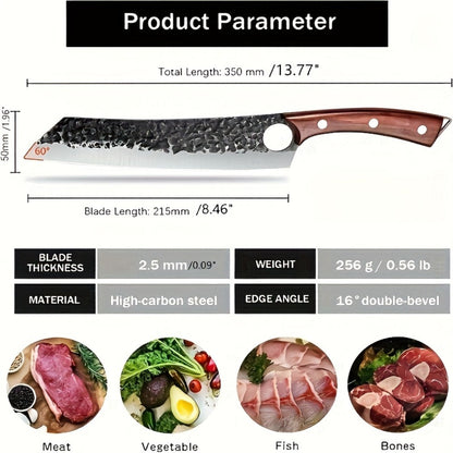 Wide 8-Inch Cleaver-Style Kitchen Knife with Finger Hole, Hammered-Look Blade and Wood-Tone Handle