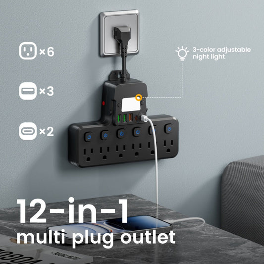 Night Light Wall Outlet Extender 11-in-1 with 6 AC Outlets & 5 USB Ports (3 USB-A & 2 USB-C), Surge Protector Adapter for Home, Travel & Office Use