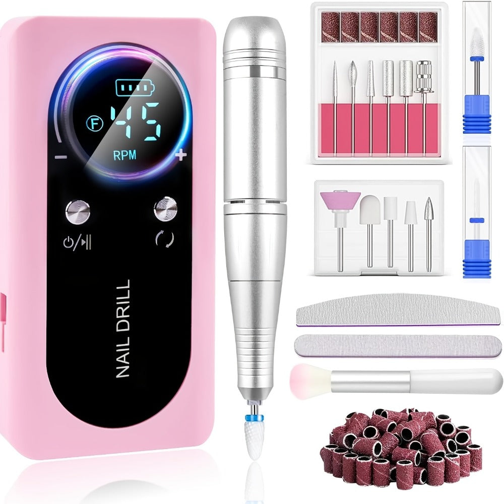 Nail Drill 45000 RPM LCD Display Adjustable Speed Cordless Electric Nail File Low Noise Manicure Machine Buffing Polishing Tool Set for Salon Home Women Nail Techs Pink White Purple