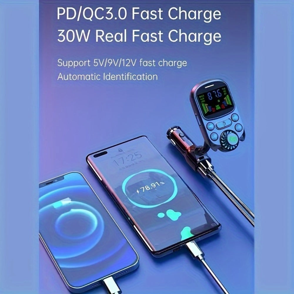 Flexible-Neck Car FM Transmitter with Color Display, USB-C and USB-A Ports, AUX Input and Call Controls