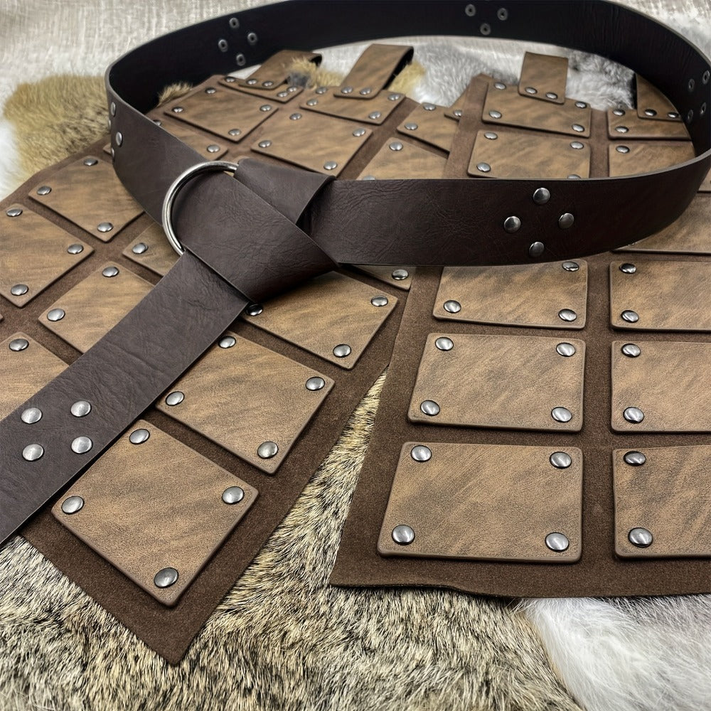 Medieval Costume Waist Armor Panel with Riveted Square Sections, Belt and Dark Brown or Black Checkout Colors