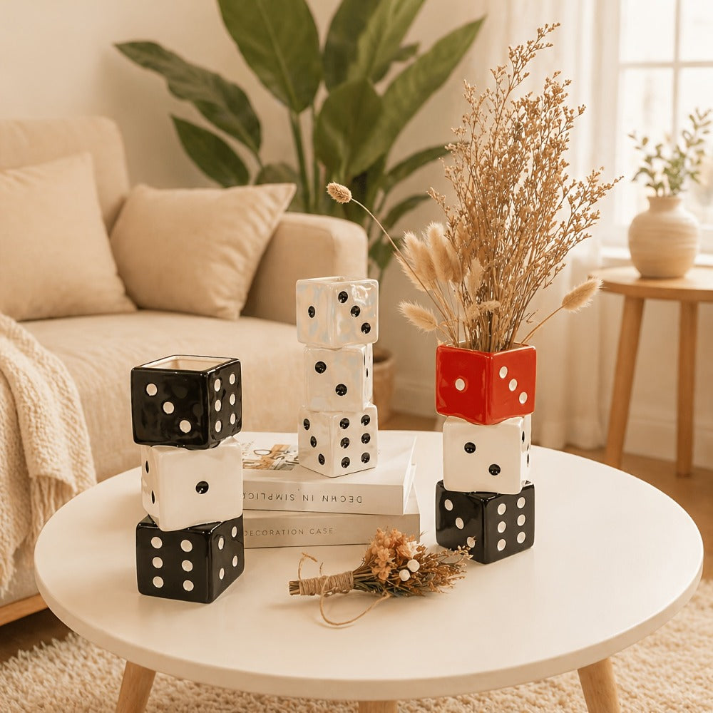 Ceramic Dice-Shaped Decorative Vase in White with Stacked Cube Form and Pips for Dried Flower Displays