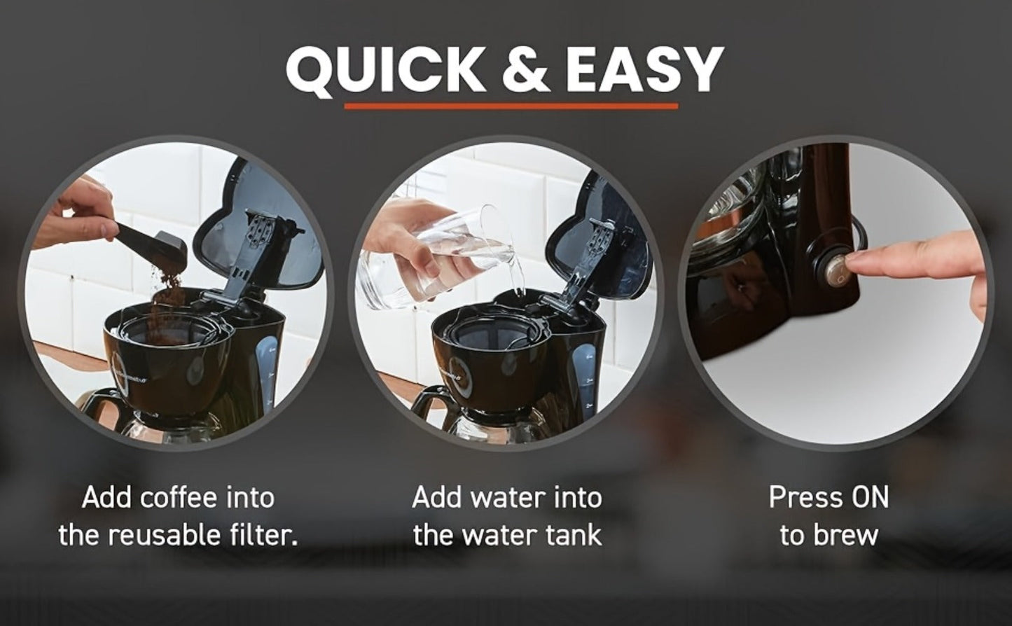 Compact Five-Cup Drip Coffee Maker with 0.75 L Water Tank, Glass Carafe and Reusable Filter