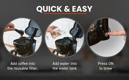 Compact Five-Cup Drip Coffee Maker with 0.75 L Water Tank, Glass Carafe and Reusable Filter