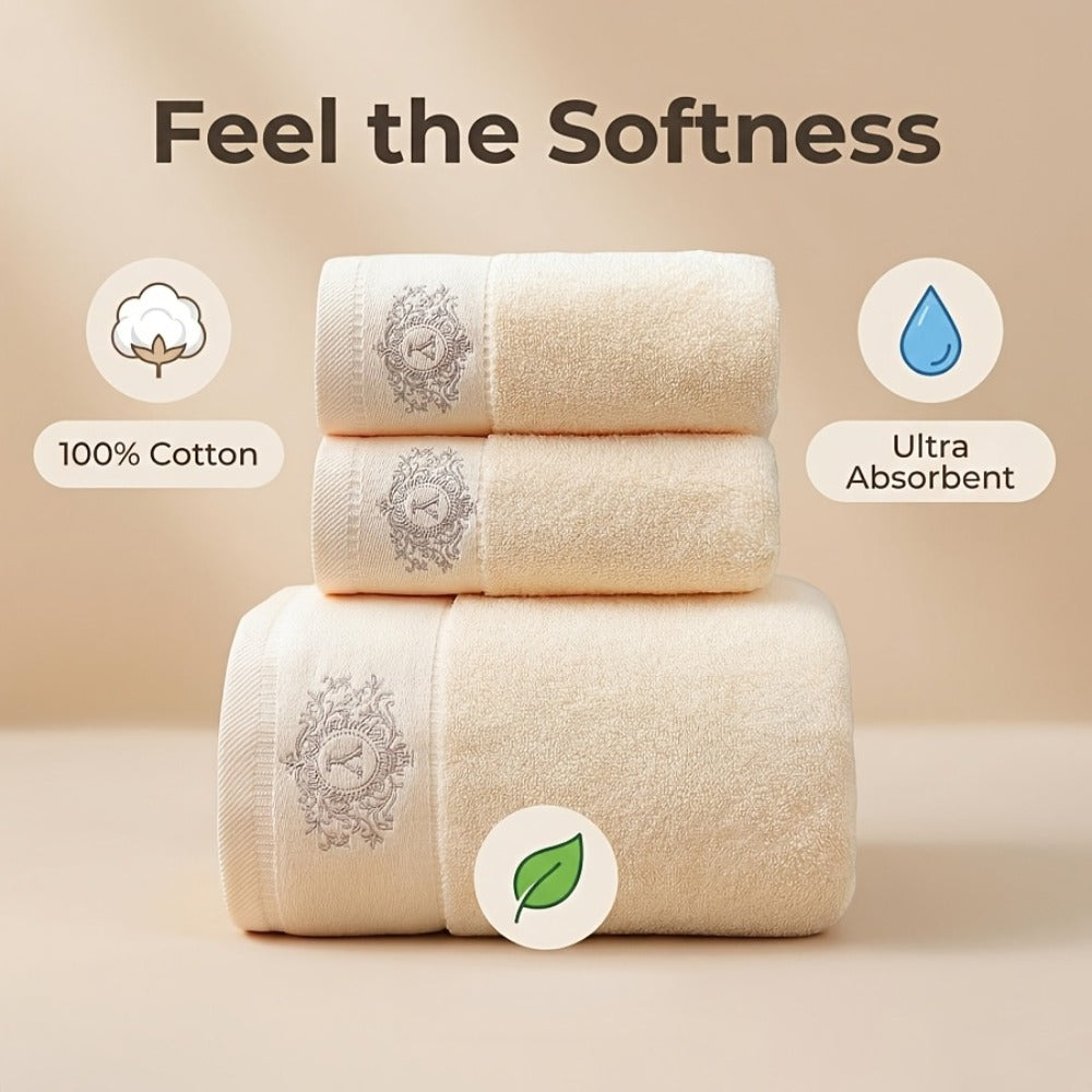 Three-Piece Towel Set with Two Hand Towels and One Bath Towel in Four Embroidered Color Options