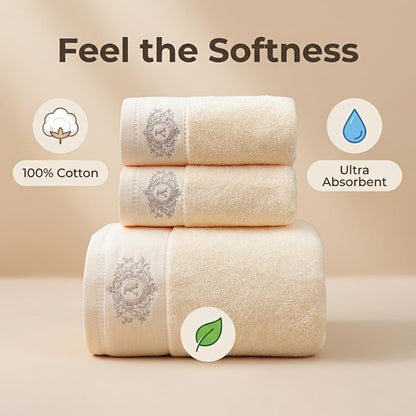 Three-Piece Towel Set with Two Hand Towels and One Bath Towel in Four Embroidered Color Options