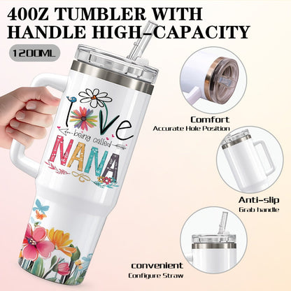 Floral Nana Graphic Stainless Steel Tumbler with Lid and Straw in White 16oz or 40oz Options