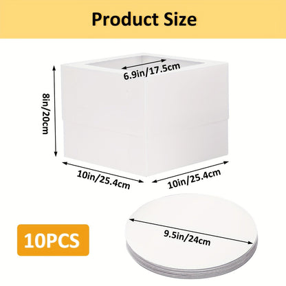 Ten-Pack 10 x 10 x 8 Inch Tall Cake Boxes with Boards for Layer Cakes, Birthdays and Weddings