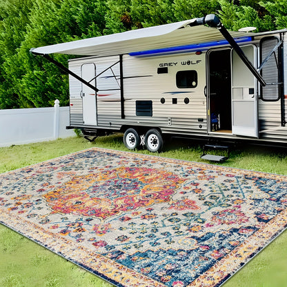 Bohemian Medallion Outdoor Area Rug in Four Rectangular or Round Sizes for Patio, RV and Picnic Spaces