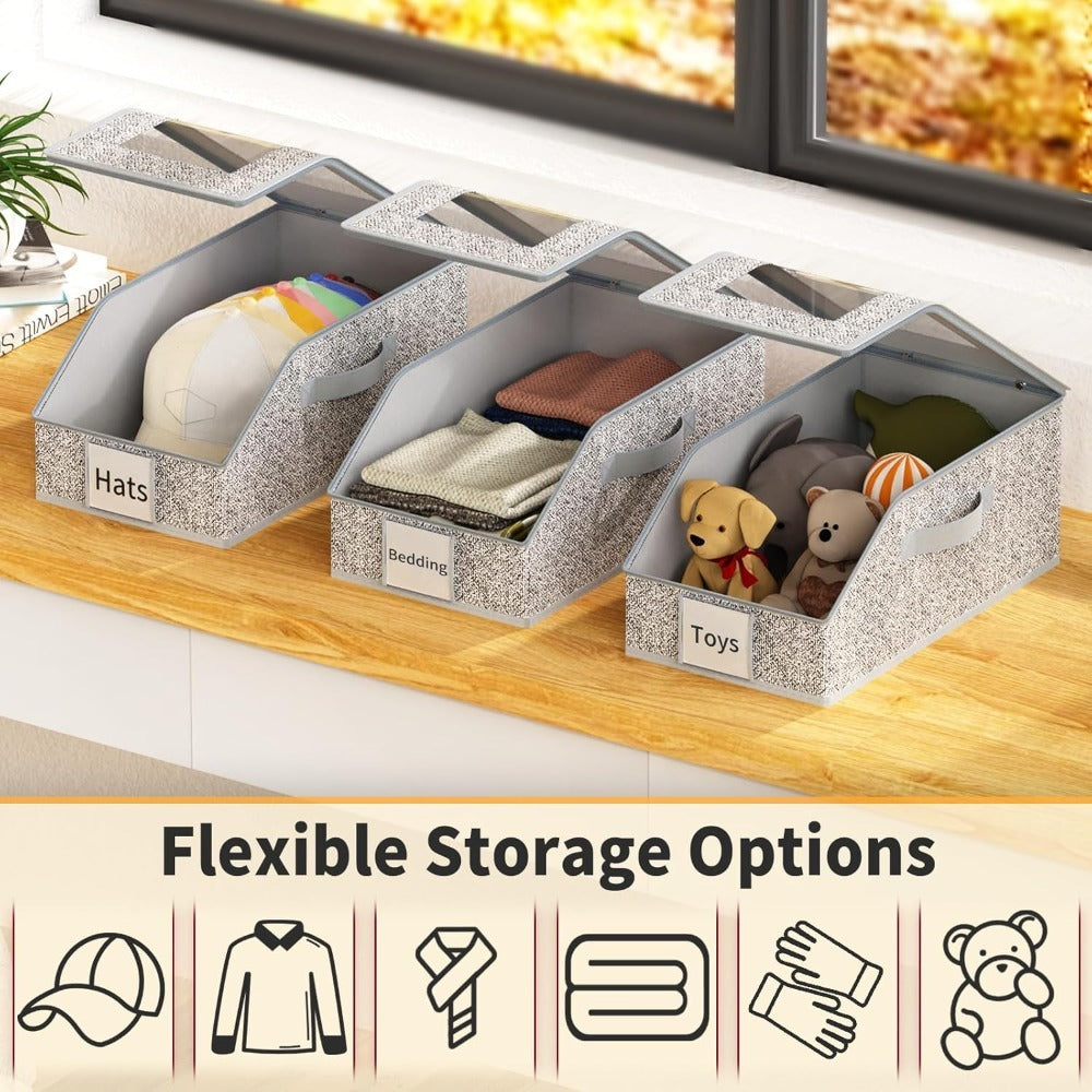 3-Pack Stackable Hat Organizer Box for Baseball Caps with Clear Window Lid, Foldable Cap Storage Holder for Closet Bedroom Shelf