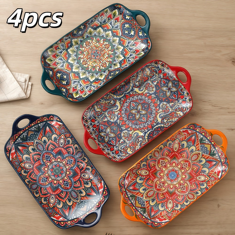 Ceramic Serving Platter Set of 4, Bohemian Rectangular Fish Dish with Double Handles, Baking Tray for Sushi Pasta Desserts Salads Fruits