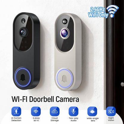 166° Ultra Wide Angle Smart Doorbell Camera 2K HD Wireless WiFi, AI Human Detection, Two-Way Audio