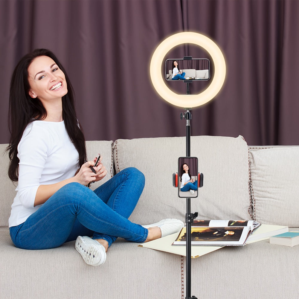 10- or 12-Inch USB Ring Light with Floor Tripod, Center Phone Holder and Three-Color Model Options