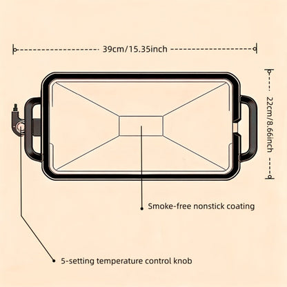 Rectangular Electric Griddle in 15.35 x 8.66 or 22.83 x 10.24 Inches with End Handles and Drip Area