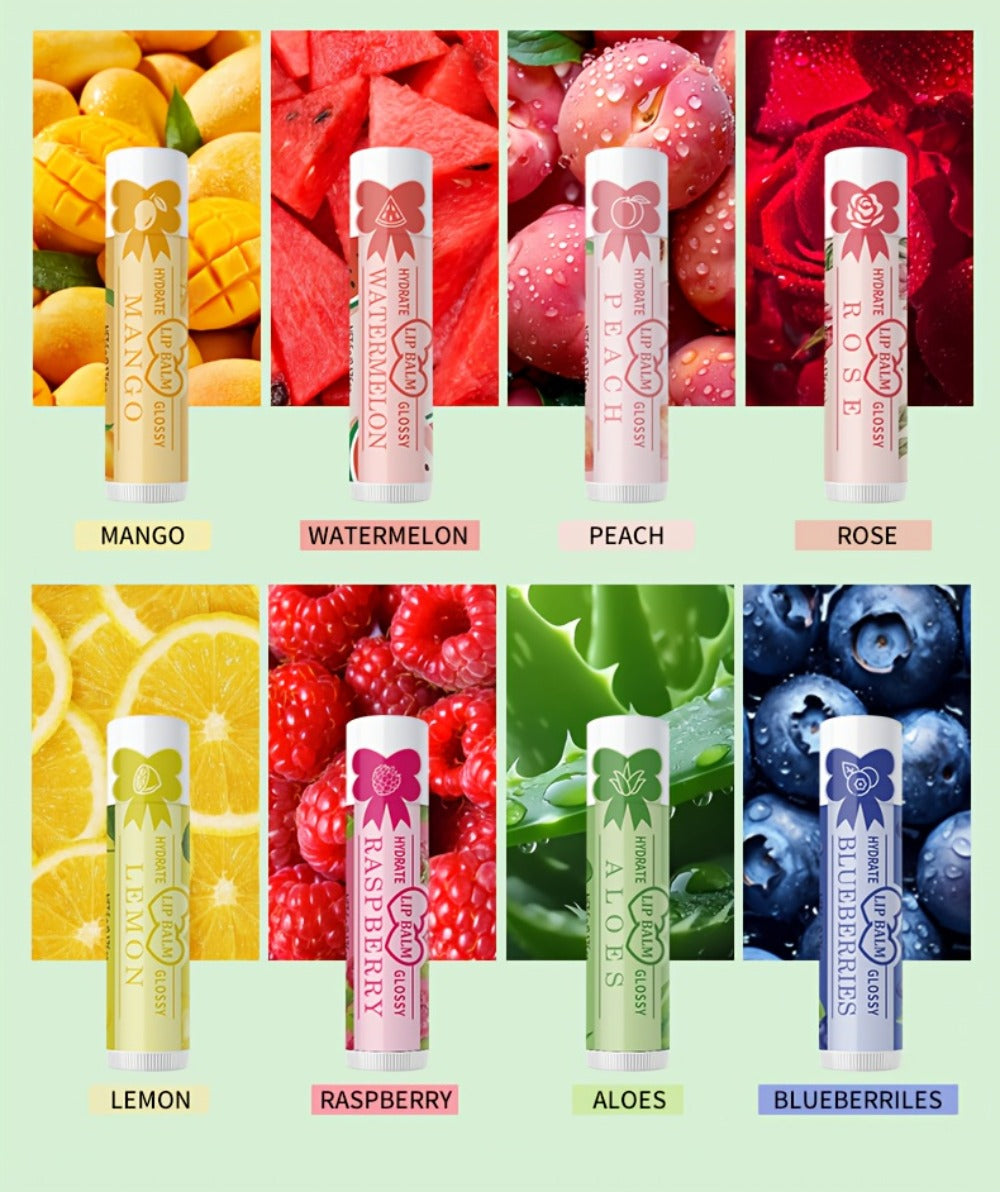 Lip Balm 16-Piece Assorted Flavor Set with Glossy Twist-Up Tubes and Orange Display Box Packaging