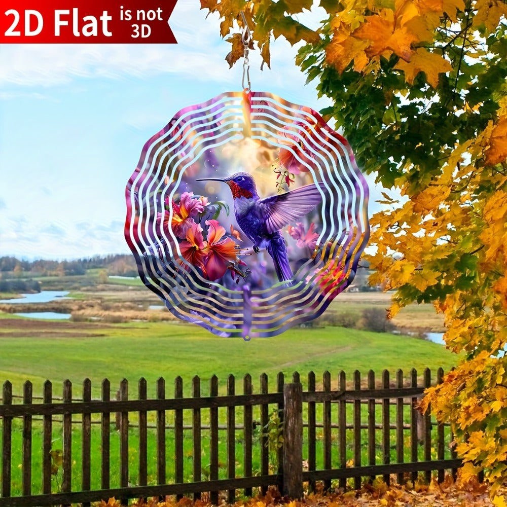 Ten-Inch Hummingbird Garden Wind Spinner with Flat Kinetic Metal Design and Multicolor Floral Artwork