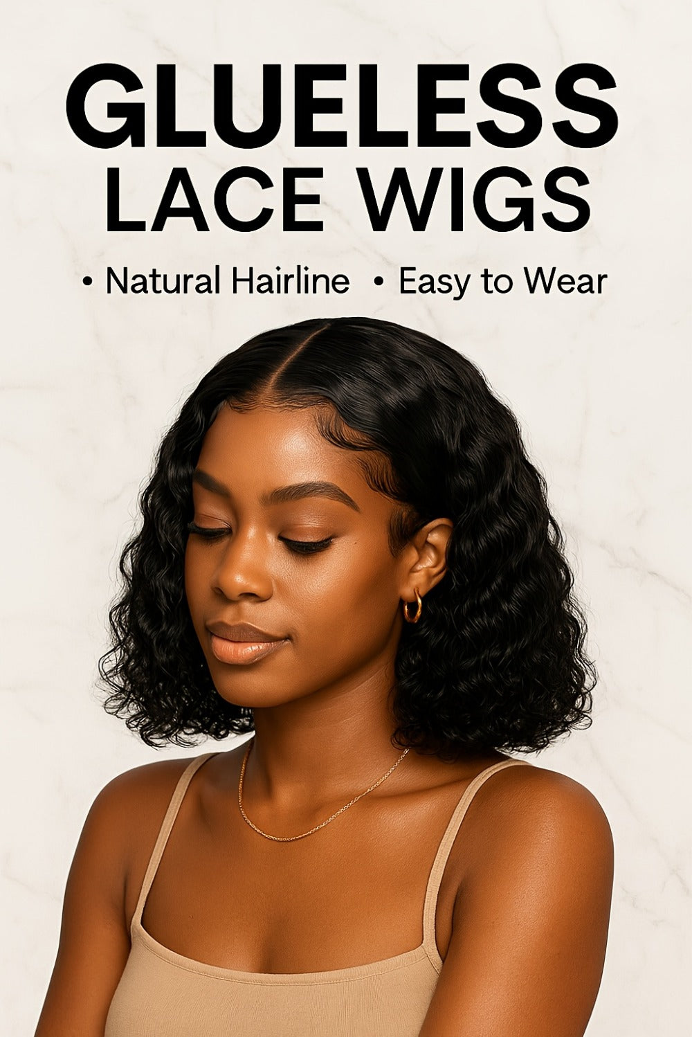 Lace Front Wig Deep-Wave Black 14-Inch Synthetic Style with Glueless Cap, Pre-Plucked Front and Baby Hair