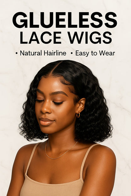 Lace Front Wig Deep-Wave Black 14-Inch Synthetic Style with Glueless Cap, Pre-Plucked Front and Baby Hair