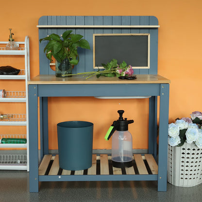Potting Bench Table Cedar Wood Garden Workstation with Blackboard Removable Sink Hooks Double Shelf for Patio Balcony Courtyard Outdoor Planting Work Bench