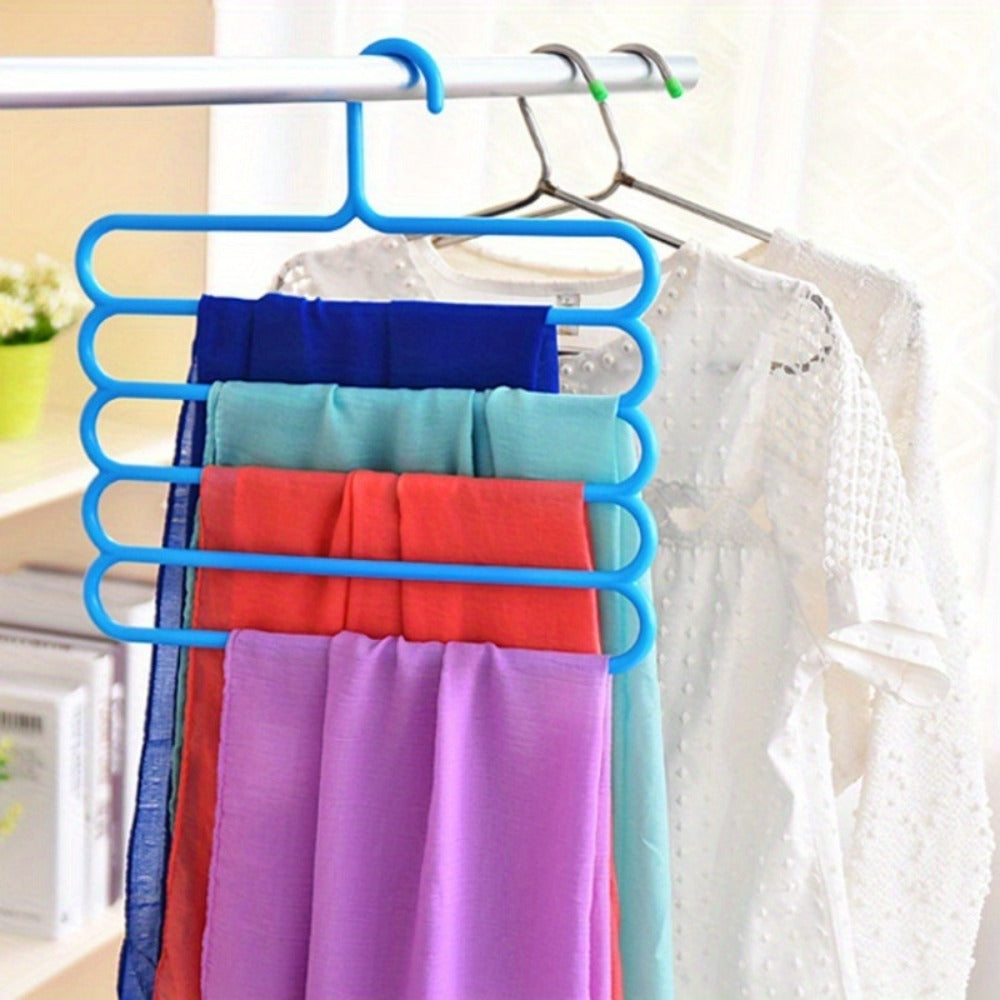 Five-Tier Pants Hangers, 5-Piece Set in Blue, Pink or Green with Horizontal Space-Saving Garment Bars