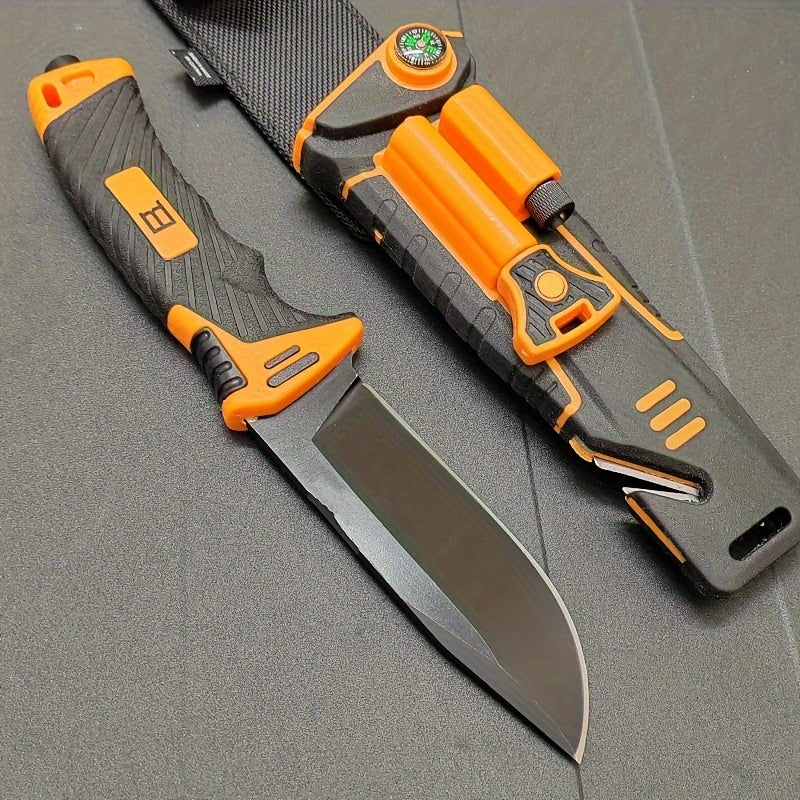 Fixed Blade Outdoor Camping Knife 9.64 Inch Stainless Steel, Survival Hunting Knife with Flint Fire Starter Night Light Sharpener Safety Sheath, Non-Slip Ambidextrous Handle for Hiking Mountaineering Adventure