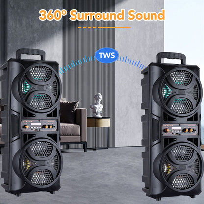 Bluetooth Speaker DAFENG Dual 6.5-Inch Karaoke Trolley with Wired Microphone, LED Lights, USB, TF and AUX