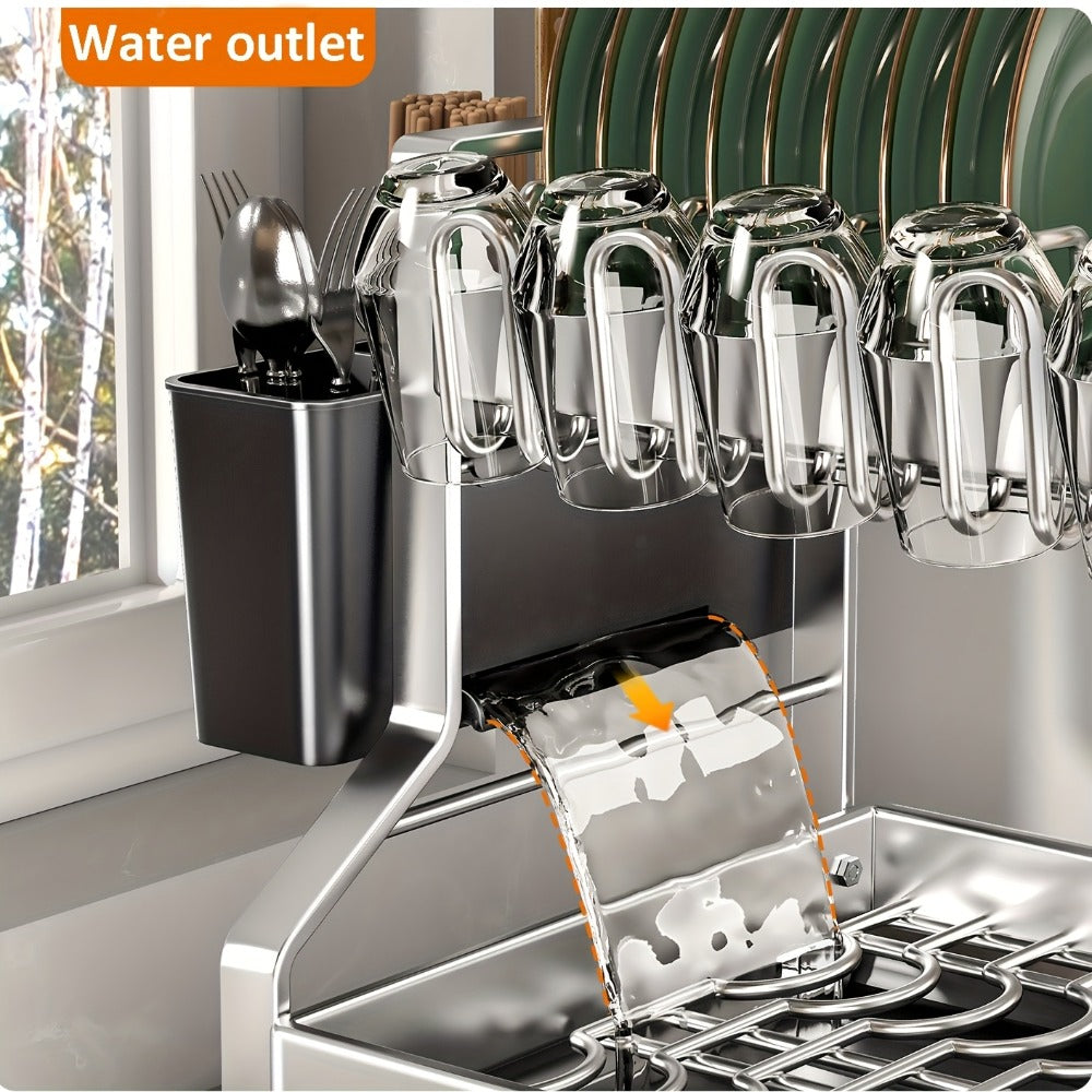 Stainless Steel Two-Tier Dish Drying Rack with Drainboard, Cup Holders, Utensil Caddy and Lid Rack