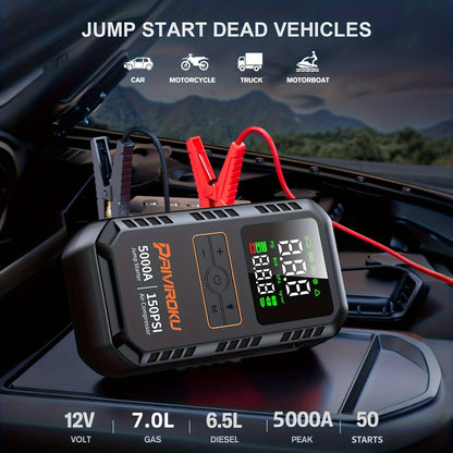 5000A Car Jump Starter with 150 PSI Digital Tire Inflator, 12V Clamps and 44.4Wh, 59.2Wh or 74Wh Options