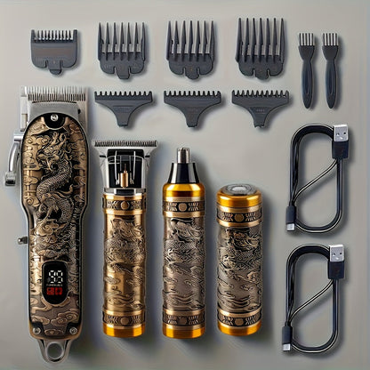 Dragon-Engraved Four-Tool Grooming Kit with Hair Clipper, Detail Trimmer, Nose Trimmer and Rotary Shaver