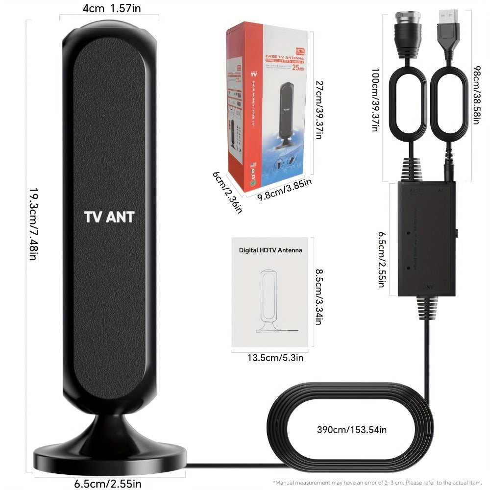 Indoor TV Antenna 360° Omnidirectional 200KM Long Range – 4K HD 1080P Amplified Signal, 16FT Coaxial Cable, Free Local Channels, No Monthly Fee, Works with All Smart TVs, Black
