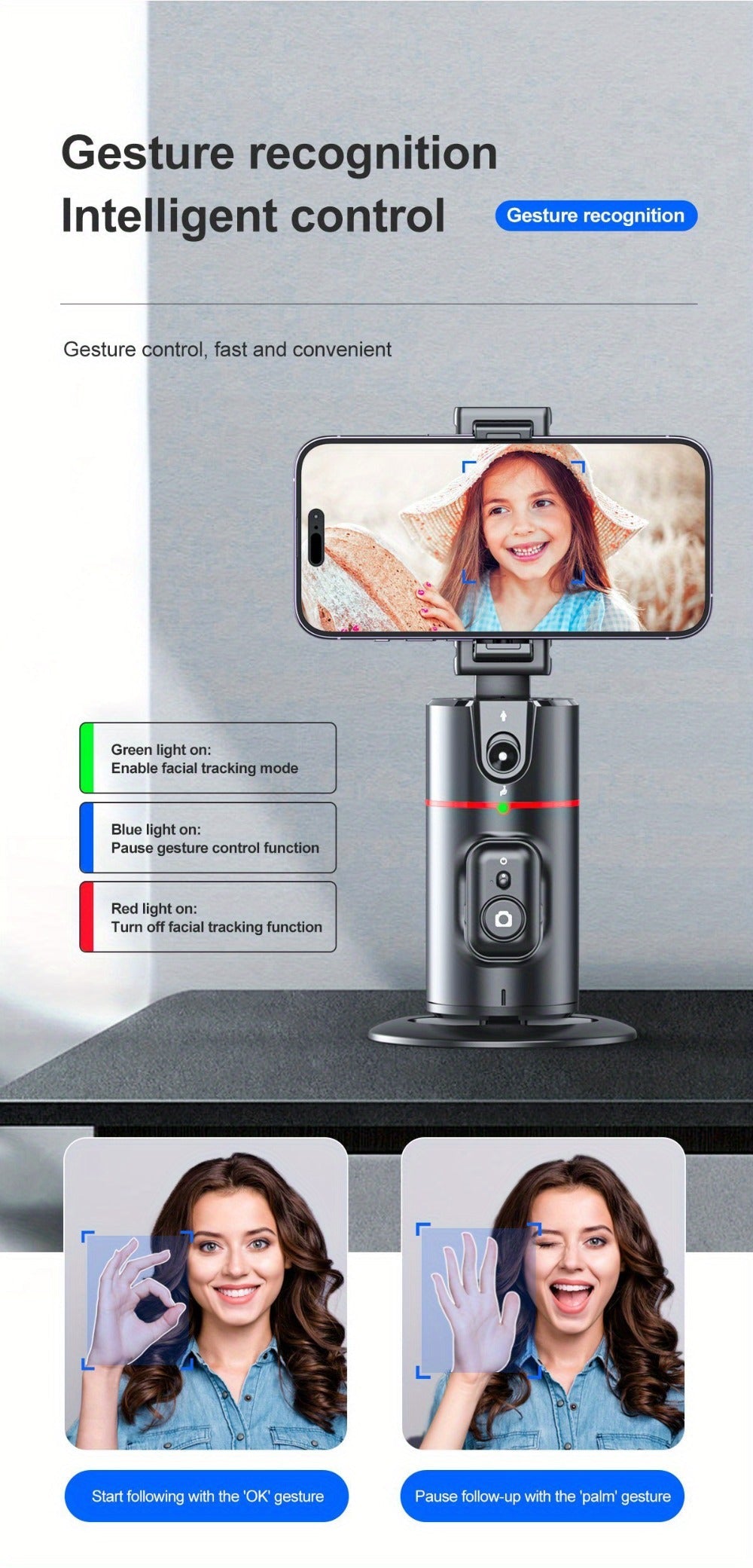 Gesture Control Auto Face Tracking Tripod with 360° Rotation & Wireless Remote No App Required – Smart AI Phone Holder for Vlogging Live Streaming TikTok YouTube Fitness iPhone Android Black Pink